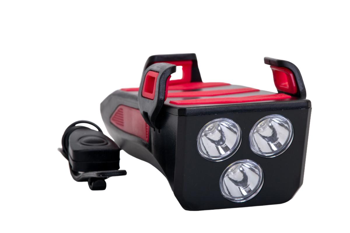FAR LED PENTRU BICICLETA CU SUPORT PENTRU TELEFON SI CLAXON (REINCARCABIL USB)