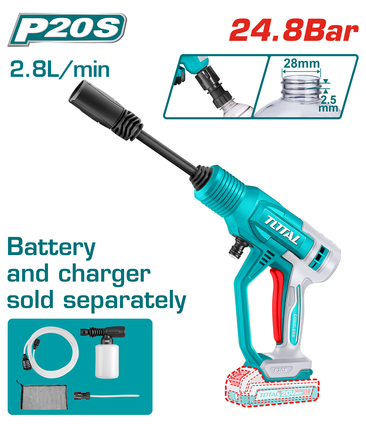 TOTAL - APARAT DE SPALAT CU PRESIUNE - LI-ION - 20V - 24.8BAR