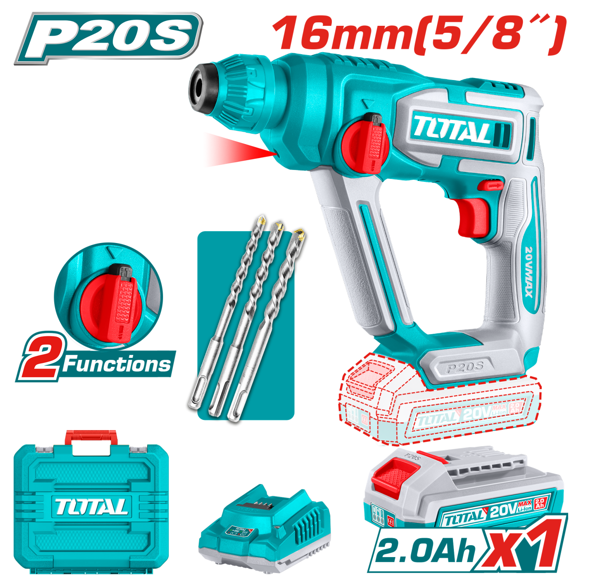 TOTAL - CIOCAN ROTOPERCUTOR - 20V - LI-ION (INCLUDE ACUMULATOR SI INCARCATOR)
