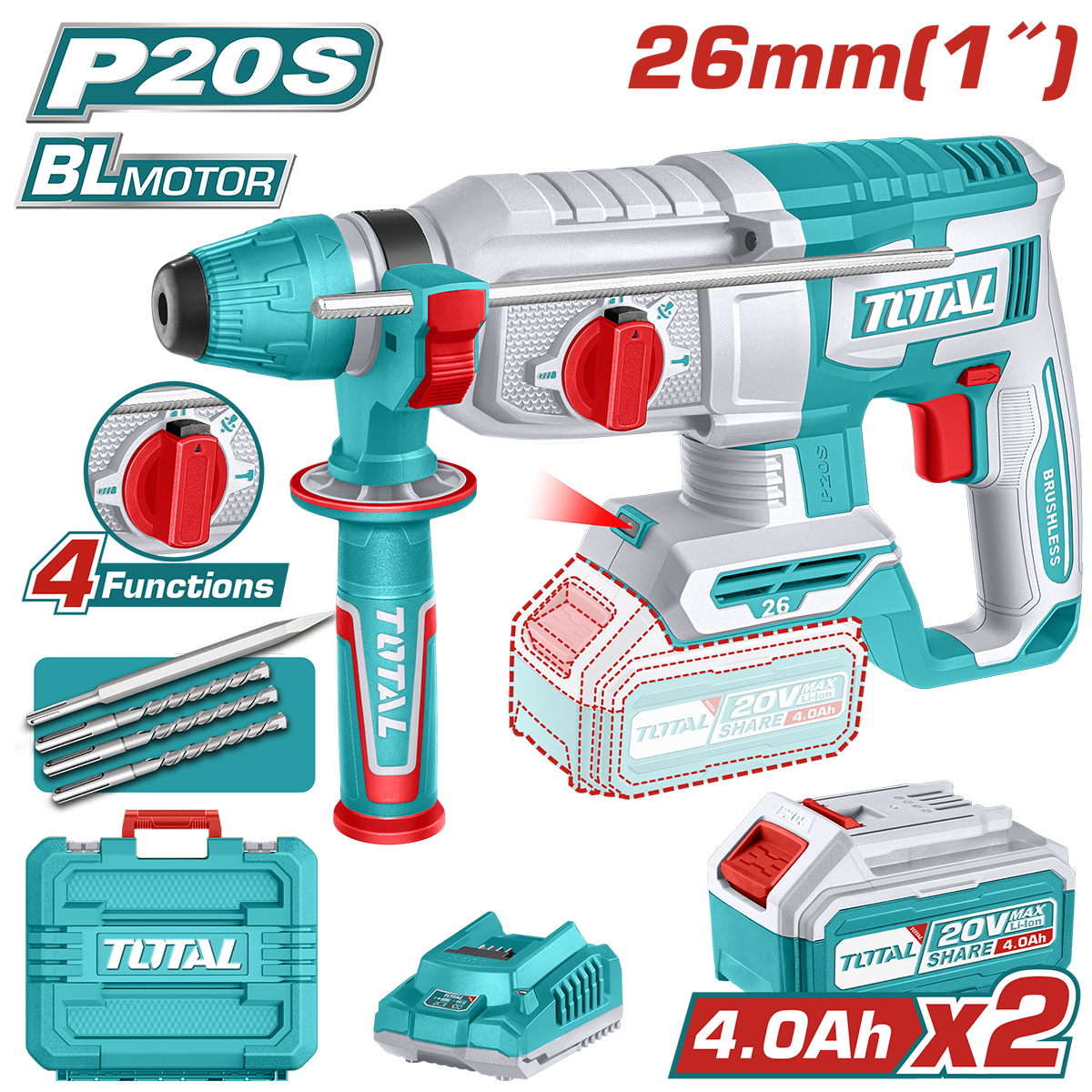 TOTAL - CIOCAN ROTOPERCUTOR - 2,5J - 20V - LI-ION (INCLUDE 2 ACUMULATORI SI INCARCATOR)