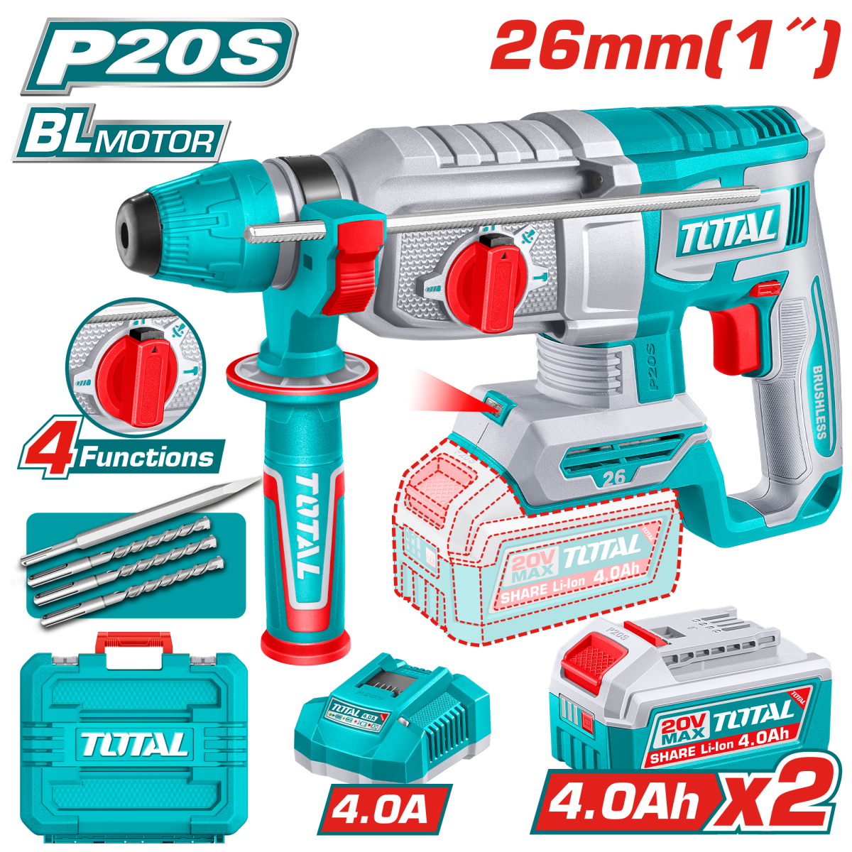 TOTAL - CIOCAN ROTOPERCUTOR - 2,5J - 20V - LI-ION (INCLUDE 2 ACUMULATORI SI INCARCATOR)