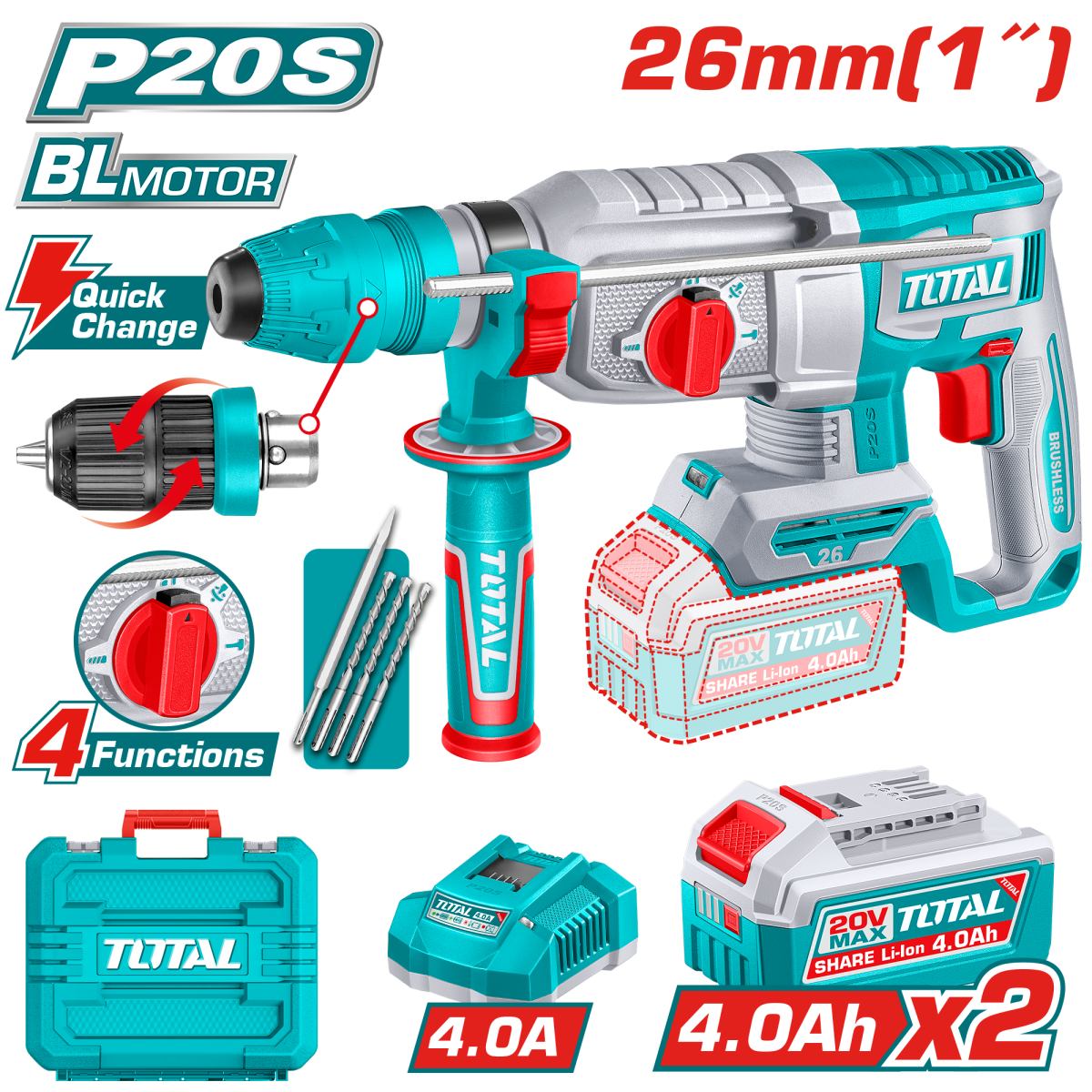 TOTAL - CIOCAN ROTOPERCUTOR - 2.5J - LI-ION - 20V - MOTOR FARA PERII (INCLUDE 2 ACUMULATORI, INCARCA