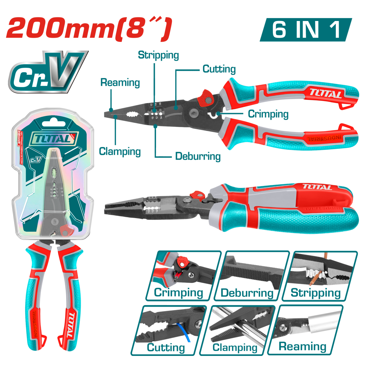 TOTAL - CLESTE CU VARF ASCUTIT MULTIFUNCTIONAL 6 IN 1 8"/200MM, Cr-V