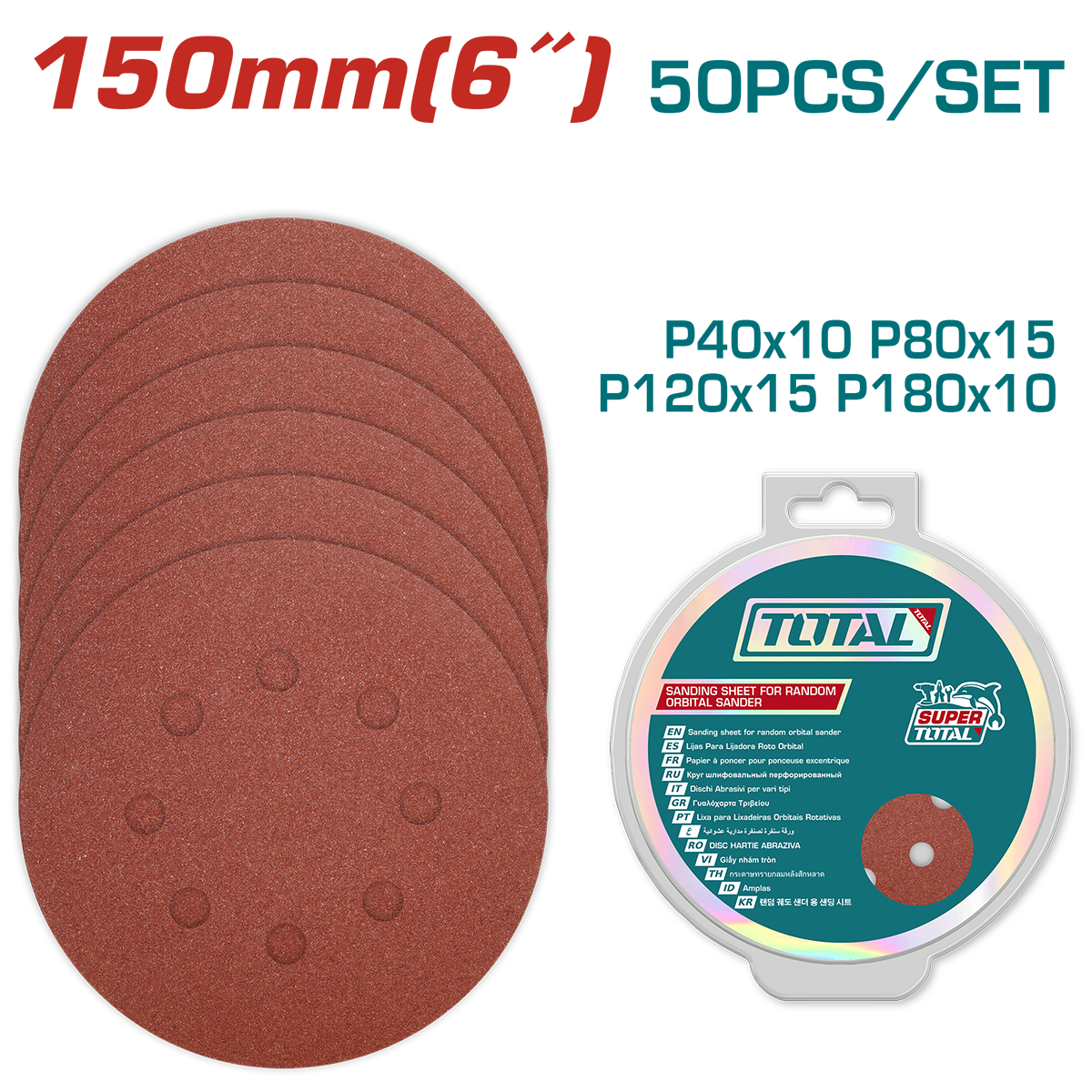TOTAL - SET 50 BUC. DISC HARTIE ABRAZIVA 150MM - P40, P80,P120,P180