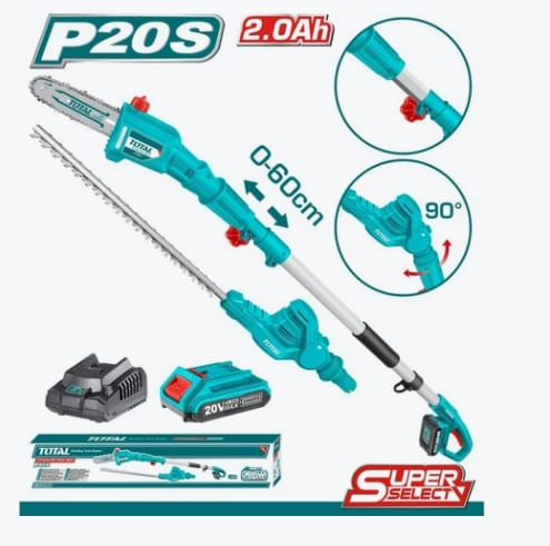 TOTAL - FIERASTRAU TELESCOPIC SI TRIMMER PENTRU GARD VIU - 20V (INCLUDE ACUMULATOR SI INCARCATOR)