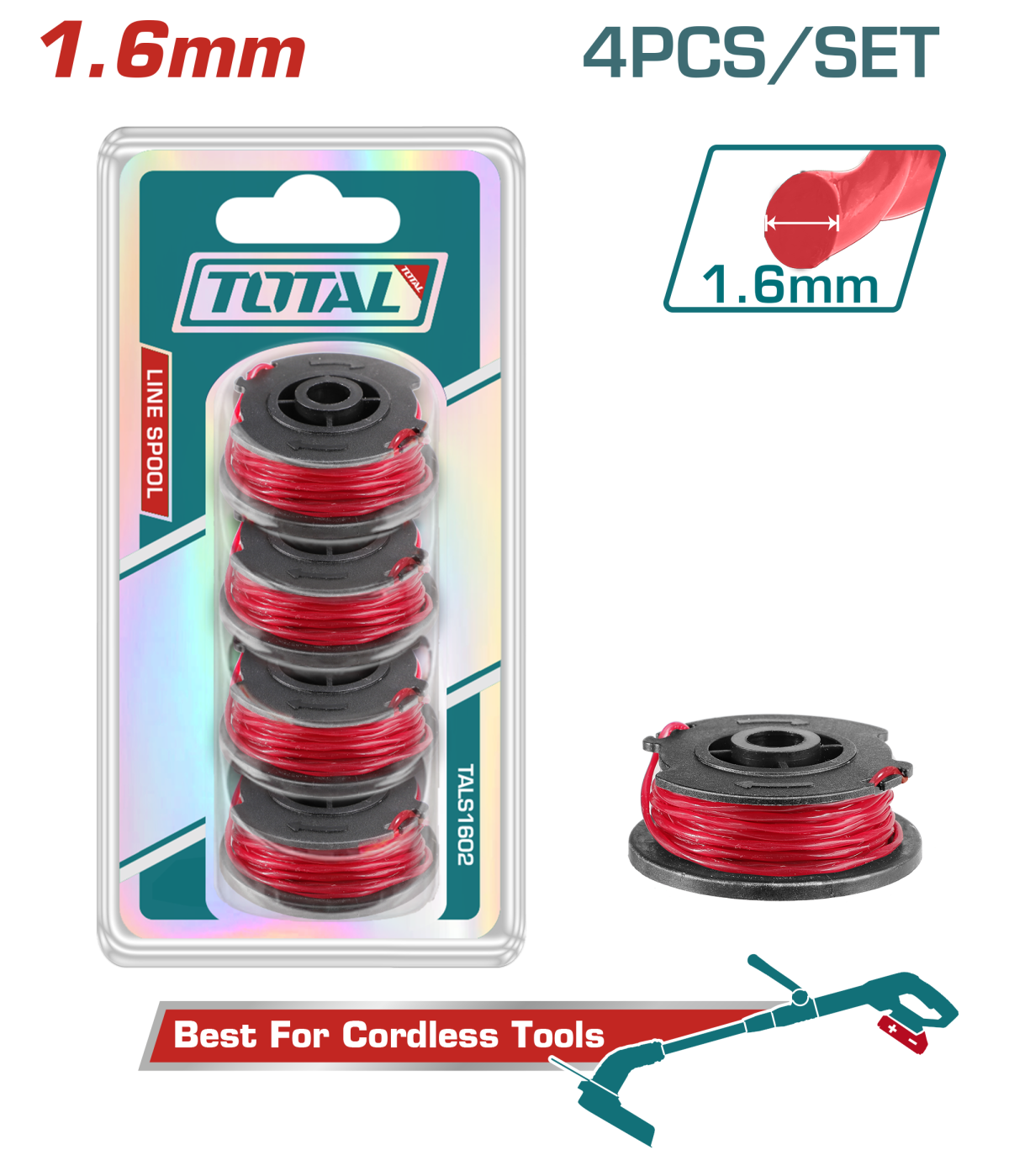 TOTAL - SET 4 BUC BOBINA CU FIR DE TAIERE- 1.6MM - 5M - PENTRU TRIMMER CU ACUMULATOR