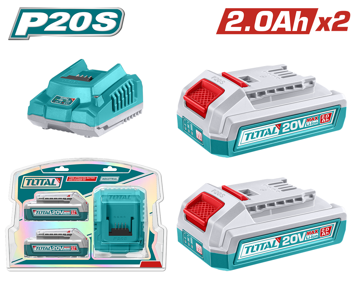 TOTAL - KIT 2 BATERII SI INCARCATOR - 20V - 2.0Ah