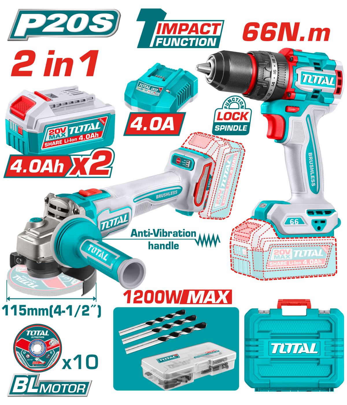 TOTAL - KIT COMBO - 20V - 4.0Ah- MASINA DE GAURIT CU IMPACT, POLIZOR UNGHIULAR (INCLUDE 2 ACUMULATOR