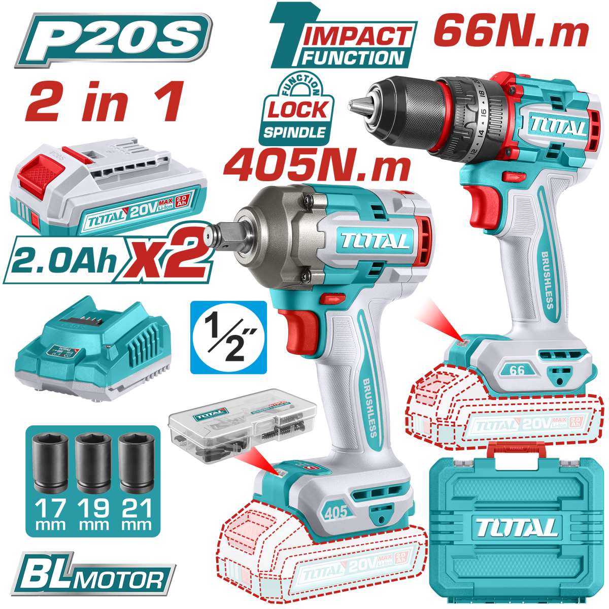 TOTAL - KIT COMBO - 20V - MASINA DE GAURIT CU PERCUTIE, MASINA DE INSURUBAT CU IMPACT (INCLUDE 2 ACU