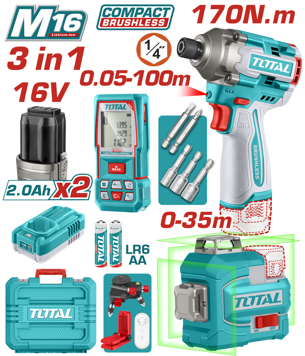 TOTAL - KIT COMBO 16V - MASINA DE INSURUBAT, TELEMETRU LASER, NIVELA LASER (INCLUDE ACUMULATOR SI IN