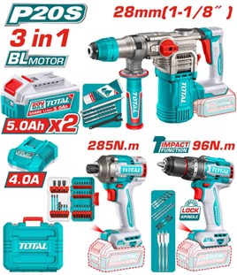 TOTAL - KIT COMBO 20V - CIOCAN ROTOPERCUTOR, MASINA DE GAURIT CU IMPACT, MASINA DE INSURUBAT (INCLUD