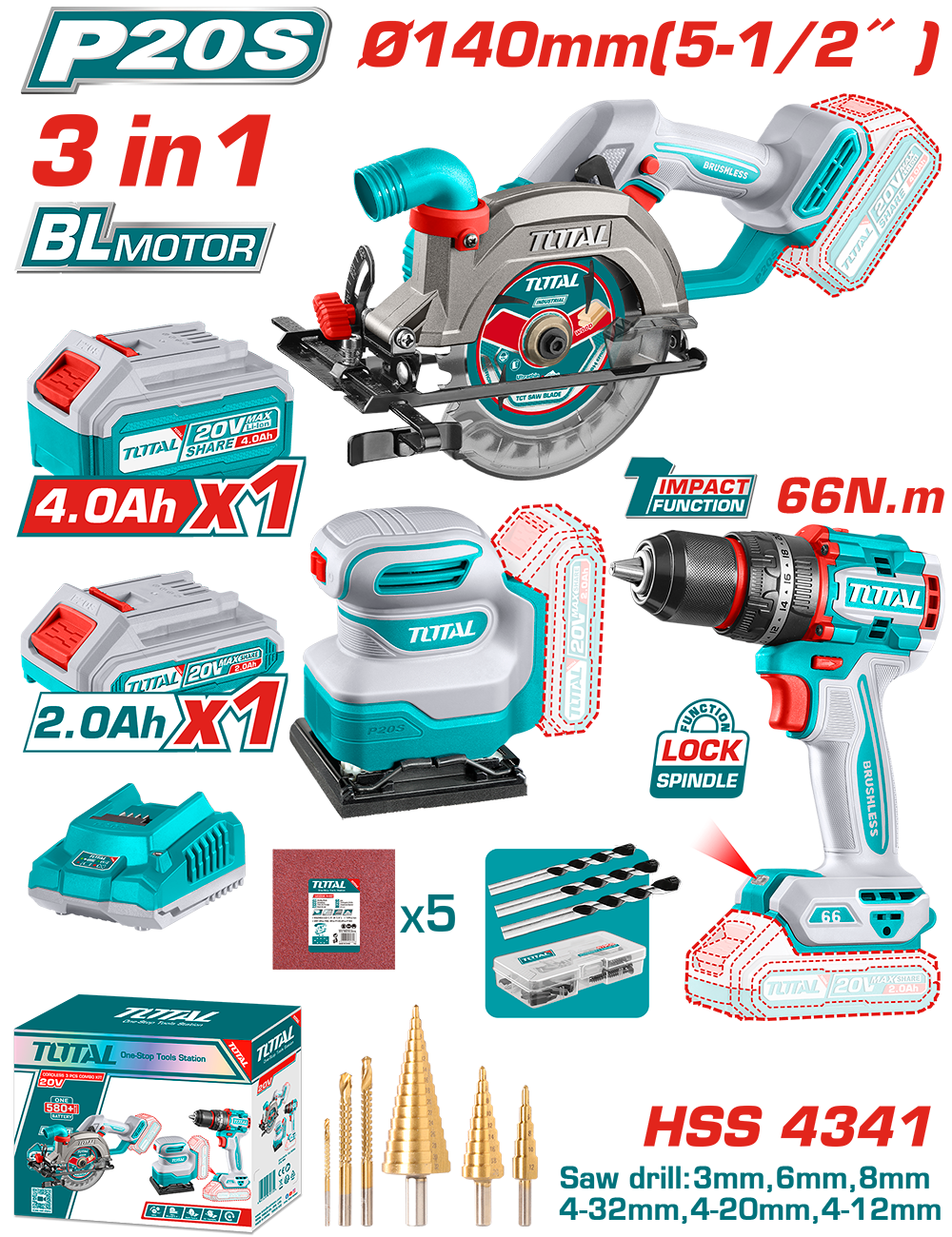 TOTAL - KIT COMBO 20V - FIERASTRAU CIRCULAR, MASINA DE GAURIT CU IMPACT, SLEFUITOR (INCLUDE 2 ACUMUL