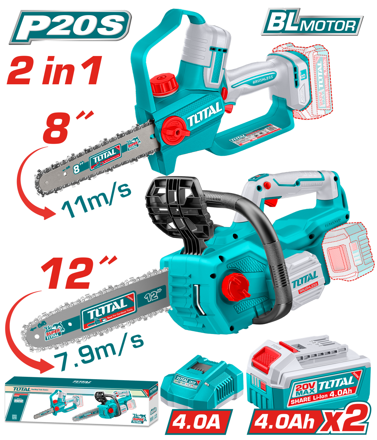 TOTAL - KIT COMBO 20V - FIERASTRAU ELECTRIC PENTRU CRENGI, DRUJBA 12'' (INCLUDE 2 ACUMULATORI , 1 IN