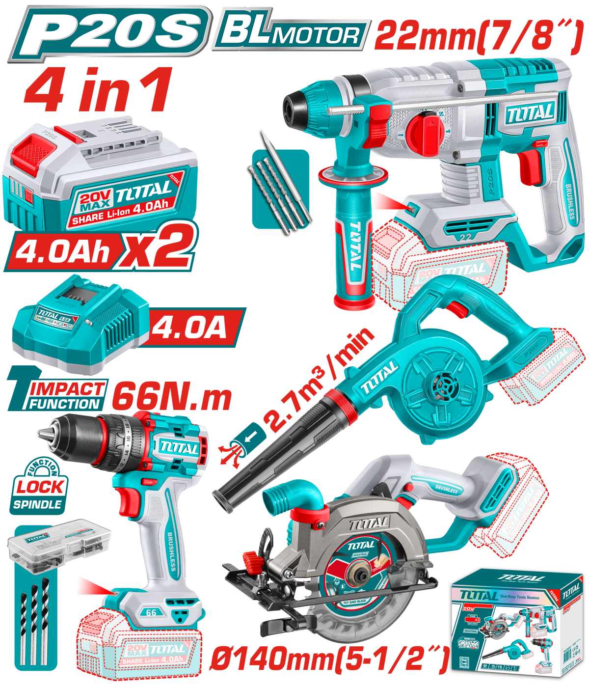 TOTAL - KIT COMBO 20V - MASINA DE GAURIT, CIOCAN ROTOPERCUTOR, FIERASTRAU CIRCULAR, SUFLANTA (INCLUD