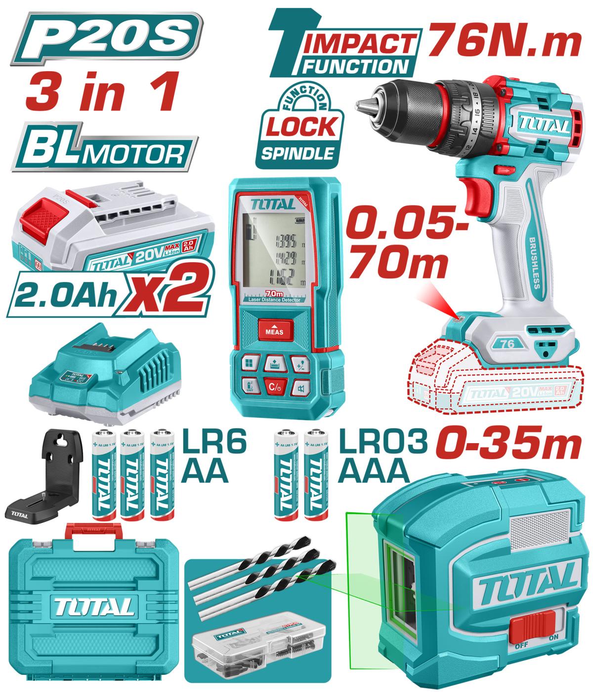 TOTAL - KIT COMBO 20V - MASINA DE GAURIT CU IMPACT, NIVELA LASER, TELEMETRU (INCLUDE 2 ACUMULATORI,