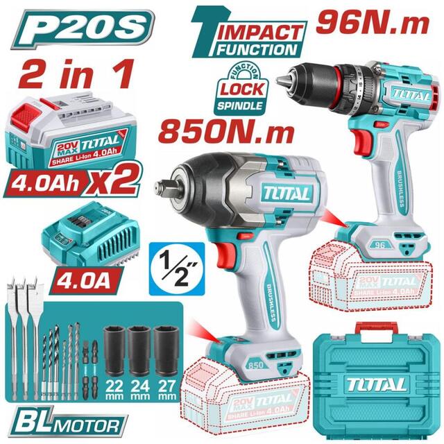 TOTAL - KIT COMBO 20V - MASINA DE GAURIT CU IMPACT, MASINA DE INSURUBAT CU IMPACT 1/2 (INCLUDE 2 ACU