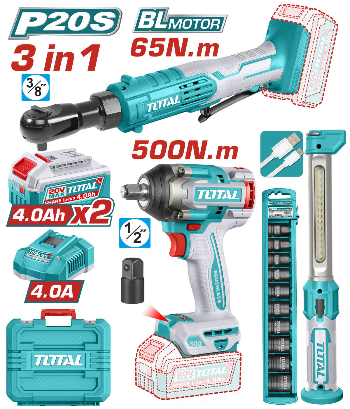 TOTAL - KIT COMBO 20V - MASINA DE INSURUBAT CU IMPACT, CHEIE DREAPTA CU IMPACT, LAMPA DE LUCRU, SET