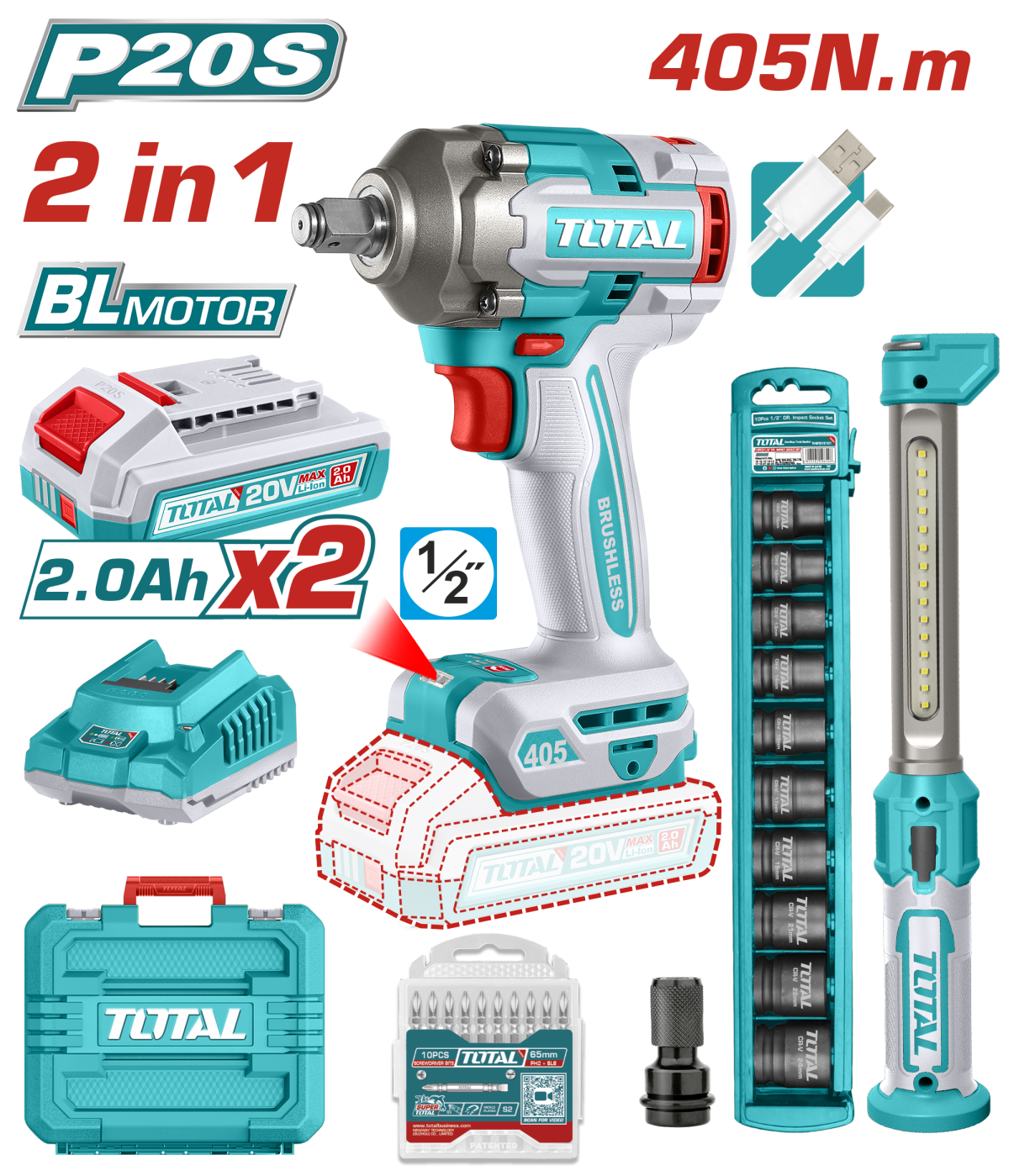 TOTAL - KIT COMBO 20V - MASINA DE INSURUBAT CU IMPACT, LAMPA DE LUCRU (INCLUDE 2 ACUMULATORI SI 1 IN