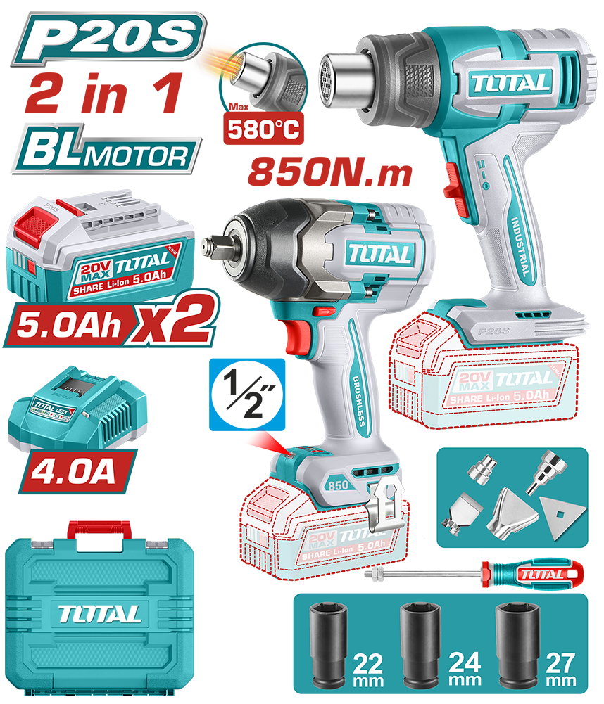 TOTAL - KIT COMBO 20V - MASINA DE INSURUBAT CU IMPACT, SUFLANTA CU AER CALD (INCLUDE 2 ACUMULATORI ,