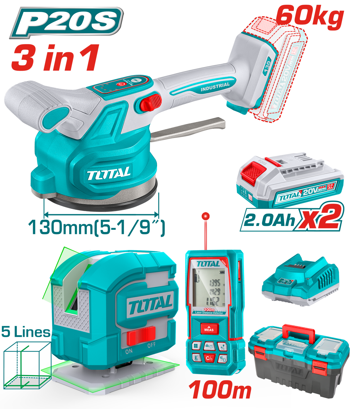 TOTAL - KIT COMBO 20V - VIBRATOR CU VENTUZA PENTRU PLACI CERAMICE, LASER MASURARE DISTANTA, NIVELA L