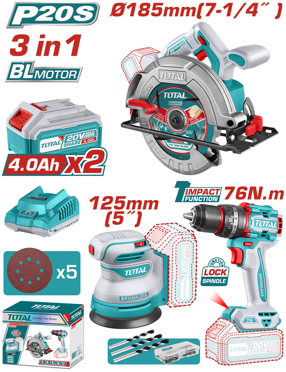 TOTAL - KIT COMBO 20V - 4.0Ah - FIERASTRAU CIRCULAR, SLEFUITOR , MASINA DE GAURIT CU IMPACT (INCLUDE