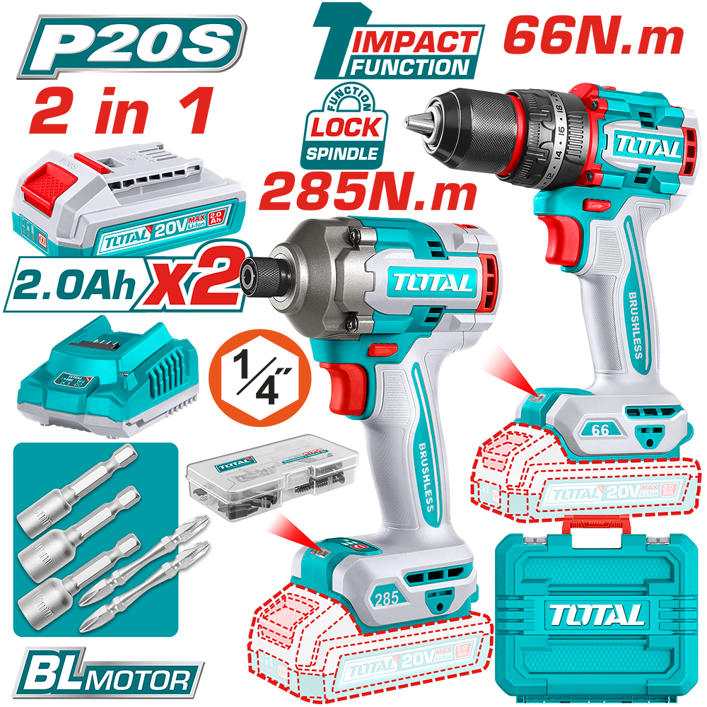 TOTAL - KIT COMBO - 20V - MASINA DE GAURIT CU IMPACT, MASINA DE INSURUBAT CU IMPACT (INCLUDE 2 ACUMU
