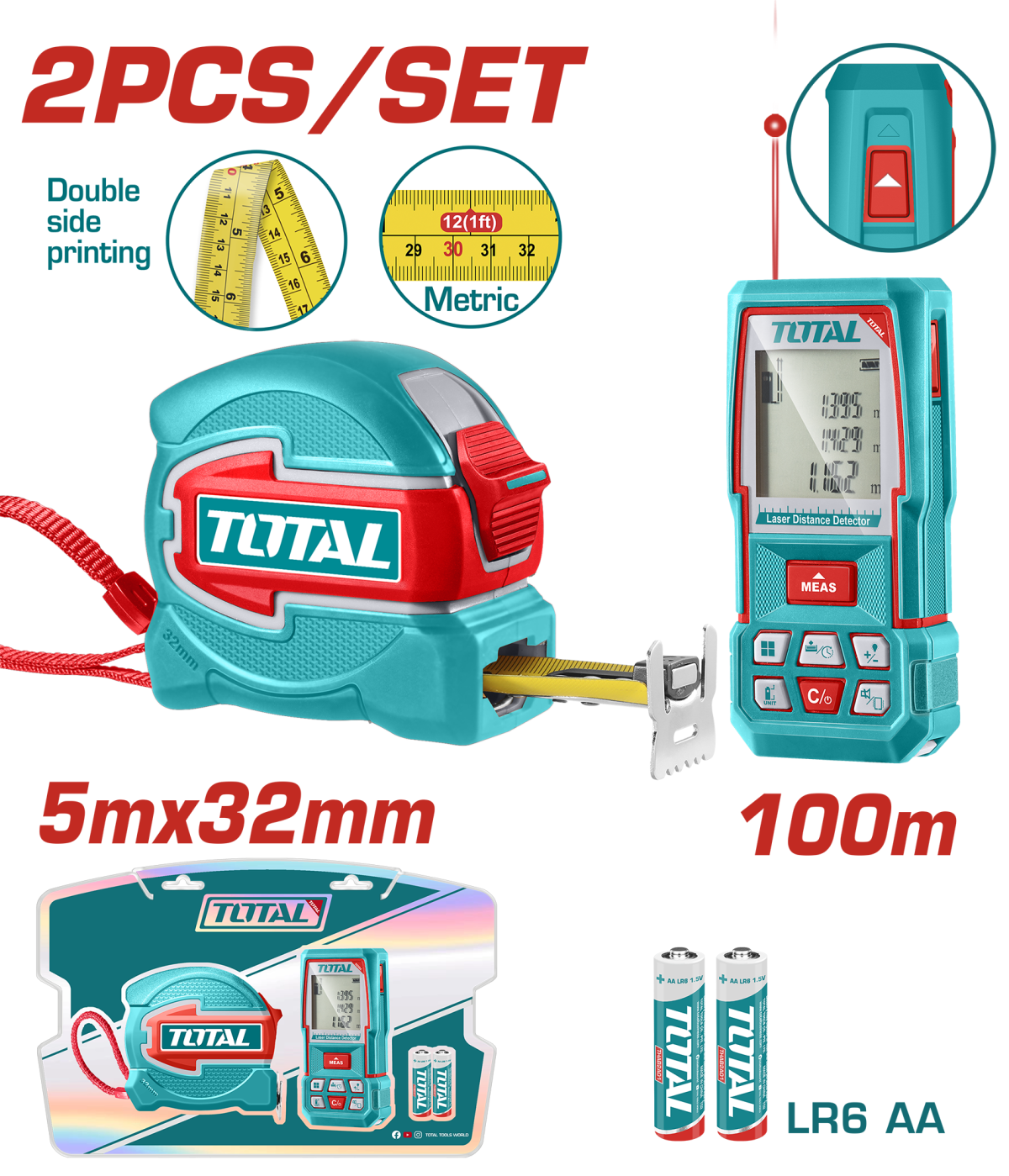 TOTAL - KIT COMBO APARAT LASER MASURAT DISTANTA 0.05-100M , RULETA 5Mx32MM
