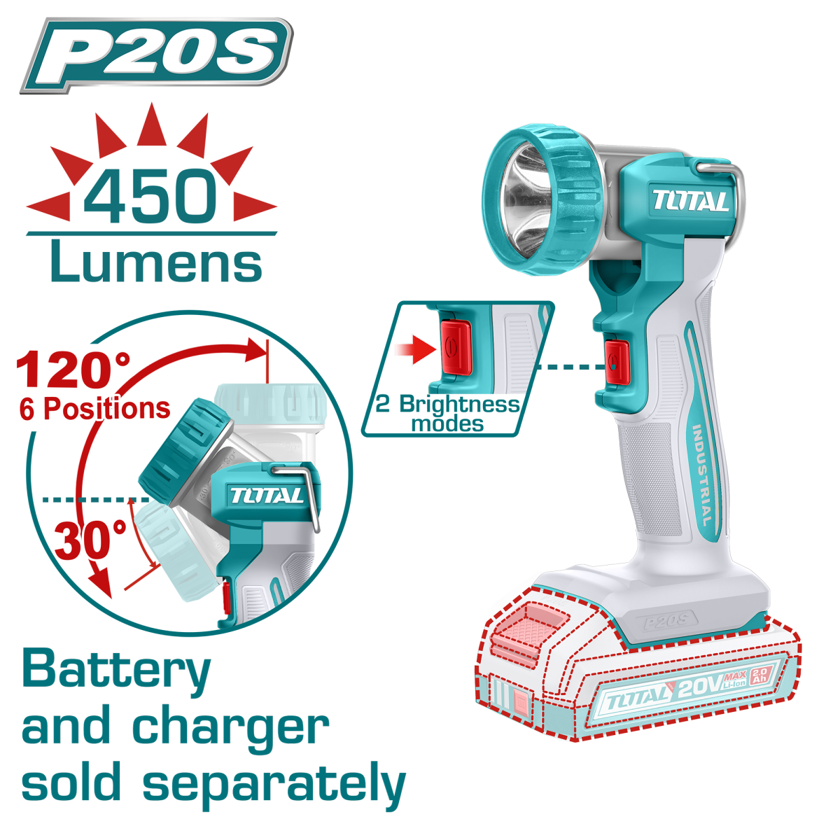 TOTAL - LAMPA DE LUCRU - 450 LUMENI - LI-ION - 20V (NU INCLUDE ACUMULATOR SI INCARCATOR)