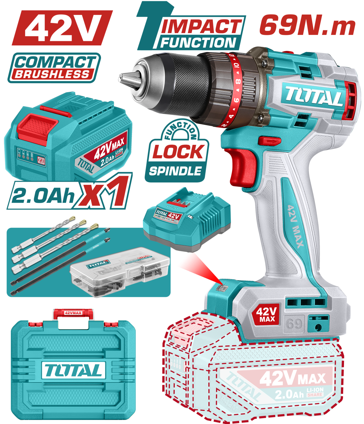 TOTAL - MASINA DE GAURIT CU PERCUTIE - 42V CU 47 ACCESORII (INCLUDE ACUMULATOR, INCARCATOR)
