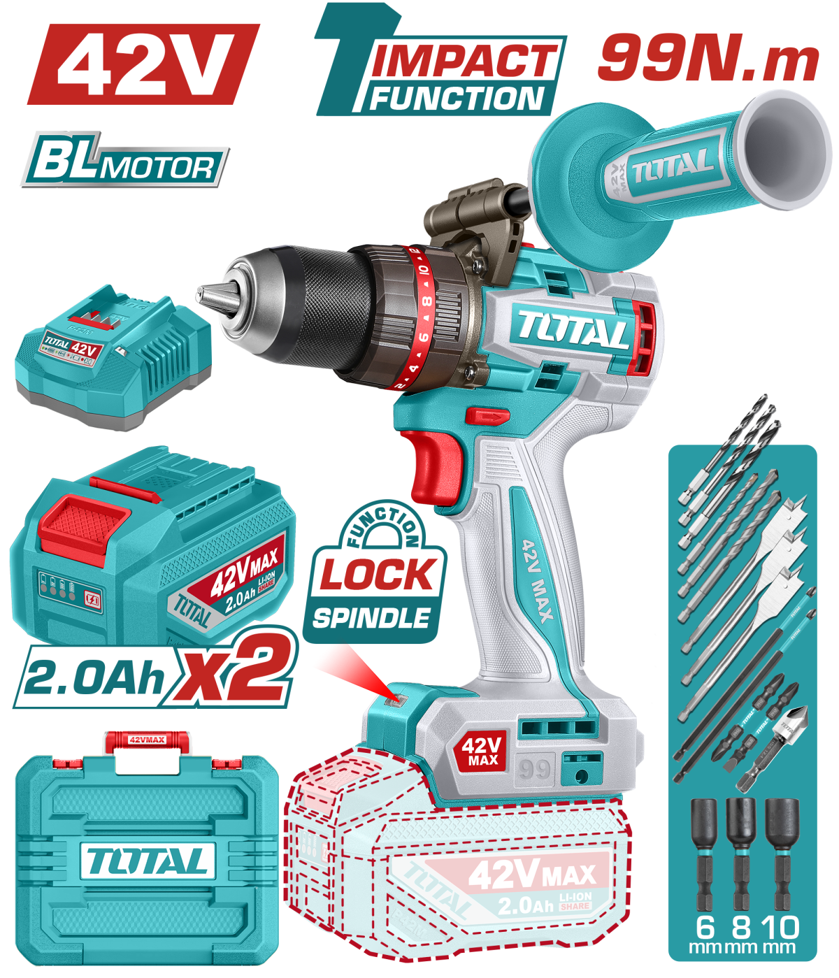 TOTAL - MASINA DE GAURIT CU PERCUTIE - 42V (INCLUDE 2 ACUMULATORI, 1 INCARCATOR)