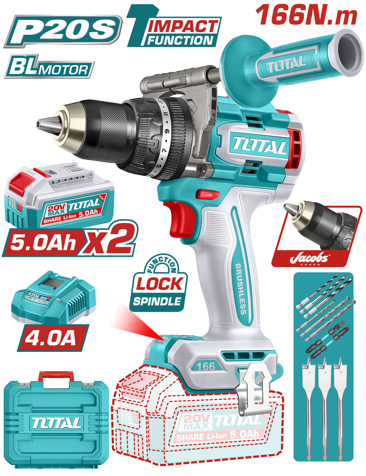 TOTAL - MASINA DE GAURIT CU PERCUTIE - 20V - 5AH - MOTOR FARA PERII (INCLUDE 2 ACUMULATORI, 1 INCARC
