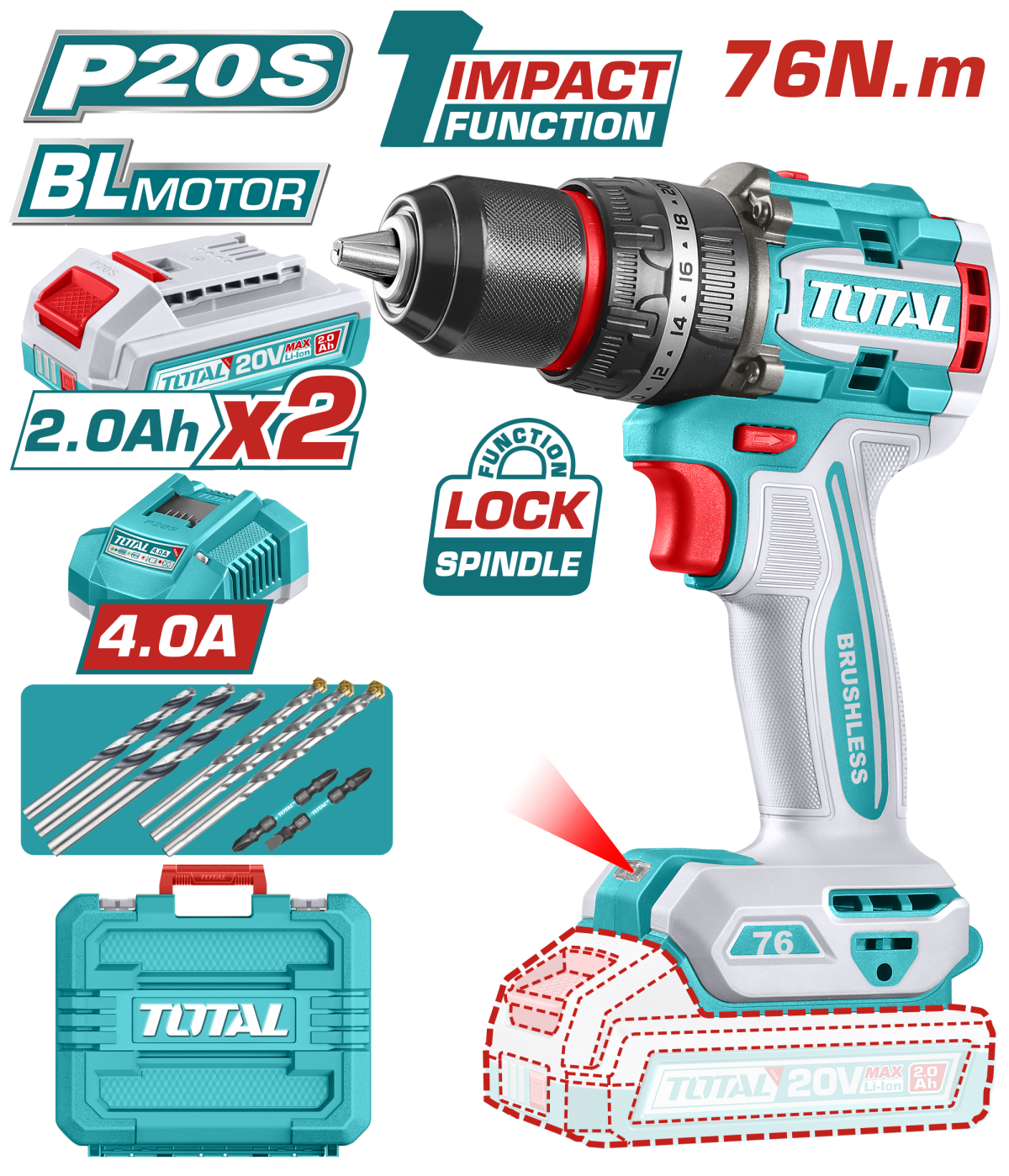 TOTAL - MASINA DE GAURIT CU PERCUTIE - 20V - 76Nm - MOTOR FARA PERII (INCLUDE 2 ACUMULATORI, 1 INCAR