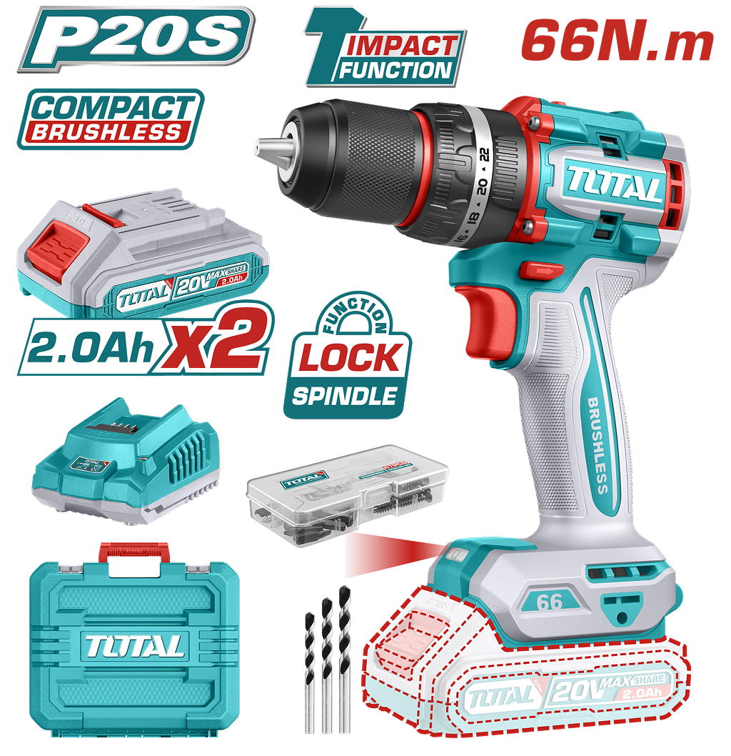 TOTAL - MASINA DE GAURIT CU PERCUTIE - 20V - 2AH - MOTOR FARA PERII (INCLUDE 2 ACUMULATORI, 1 INCARC
