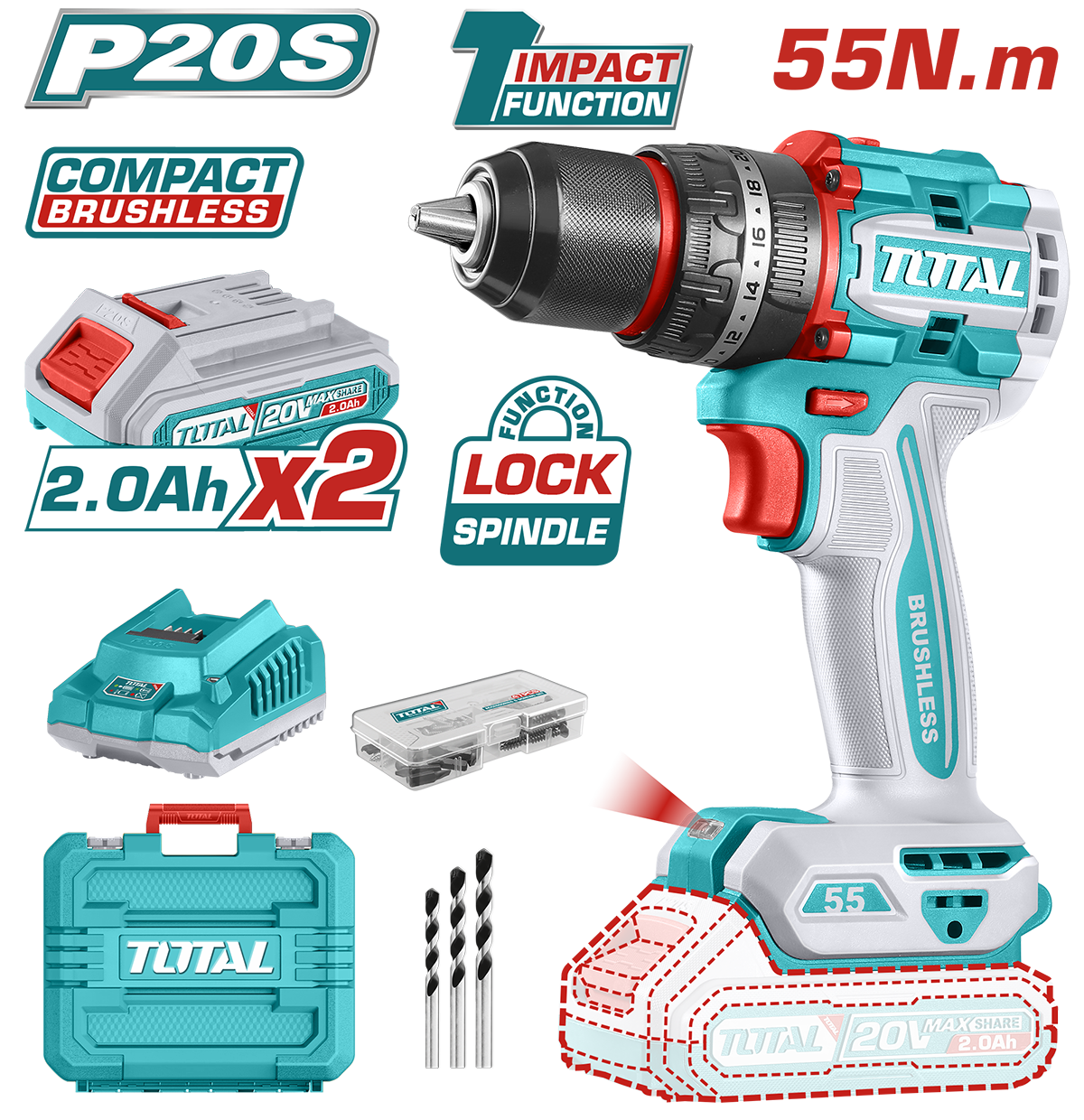 TOTAL - MASINA DE GAURIT CU PERCUTIE - 20V - 2.0AH LI-ION (INCLUDE 2 ACUMULATORI + 1 INCARCATOR)