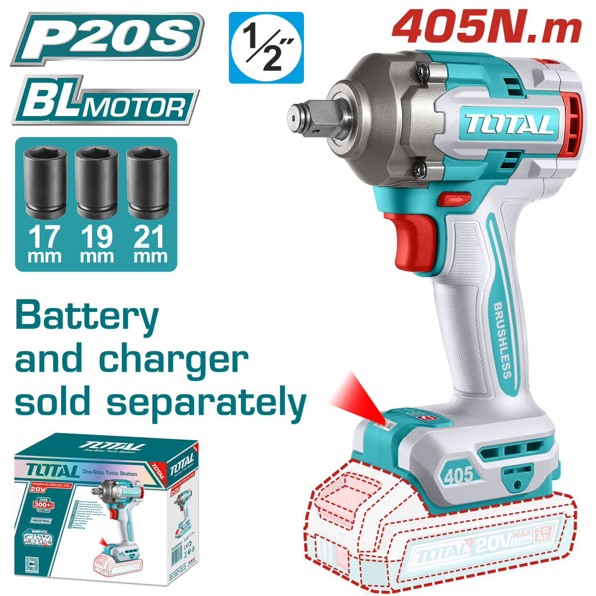 TOTAL - MASINA DE INSURUBAT CU IMPACT - 20V - 405N.m 1/2" (NU INCLUDE ACUMULATOR)