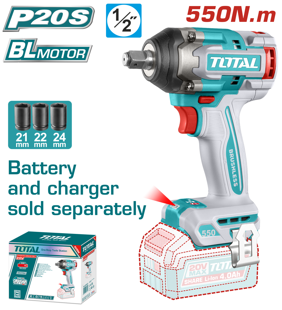 TOTAL - MASINA DE INSURUBAT CU IMPACT - 20V - MOTOR FARA PERII (NU INCLUDE ACUMULATOR) 1/2''