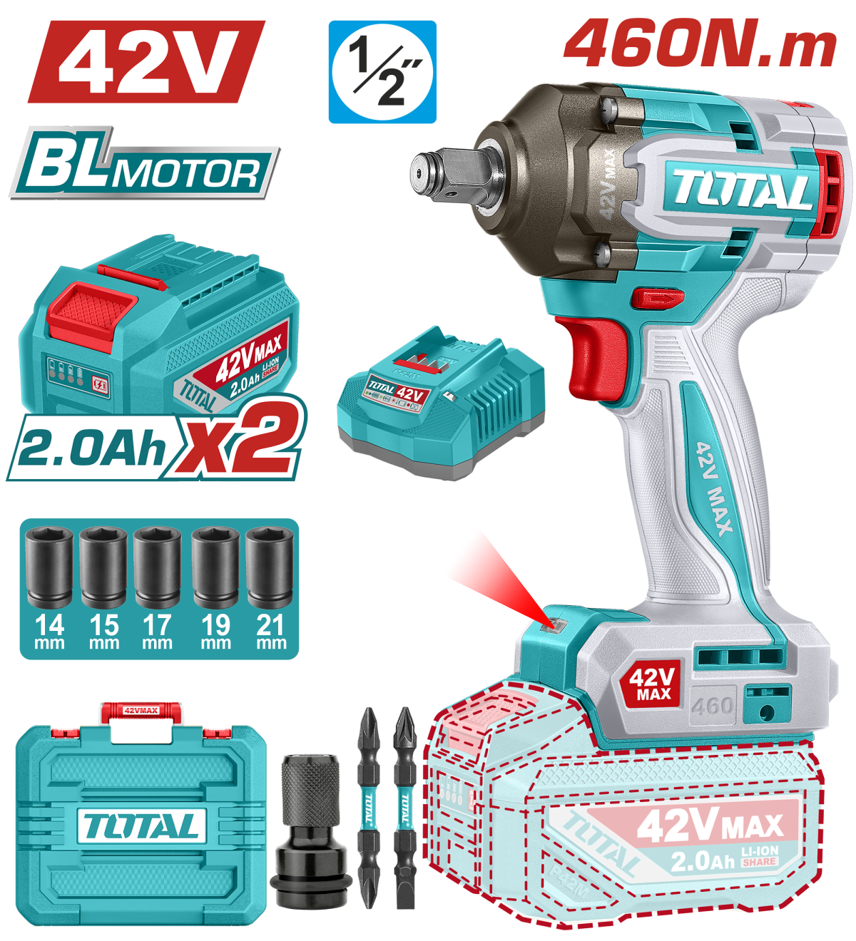 TOTAL - MASINA DE INSURUBAT CU IMPACT - 42V -1/2'' (INCLUDE 2 ACUMULATORI, 1 INCARCATOR)