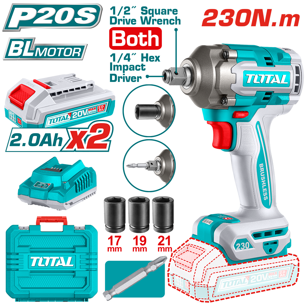 TOTAL - MASINA DE INSURUBAT CU IMPACT 2 IN 1 CU ACUMULATOR - 20V - MOTOR FARA PERII (INCLUDE 2 ACUMU