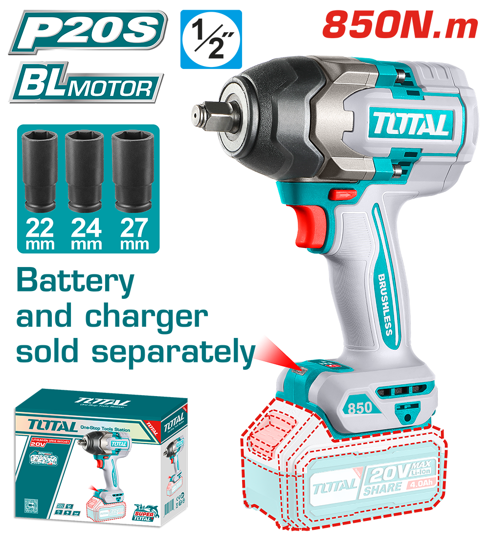 TOTAL - MASINA DE INSURUBAT CU IMPACT - 20V - 850N.m MOTOR FARA PERII (NU INCLUDE ACUMULATOR) - 1/2"