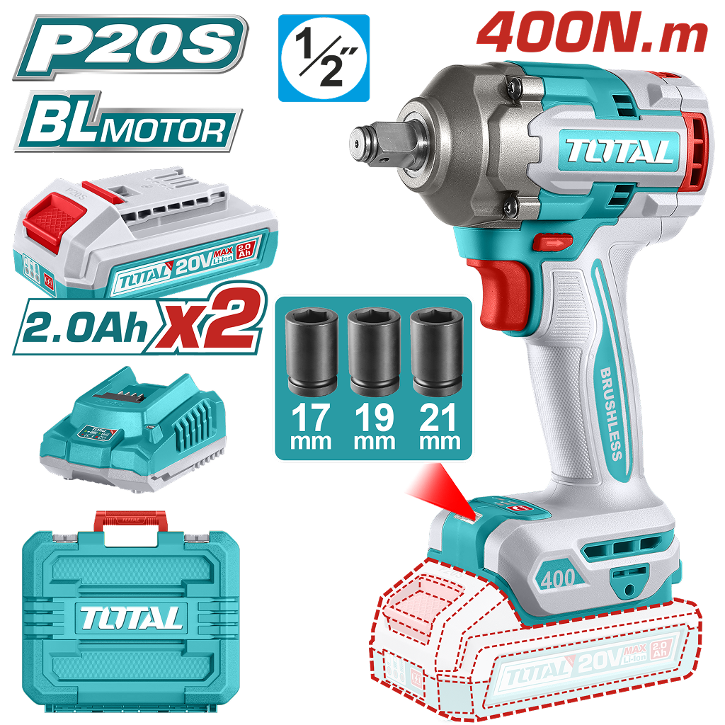 TOTAL - MASINA DE INSURUBAT CU IMPACT CU ACUMULATOR 20V-2.0AH LI-ION (INCLUDE 2 ACUMULATORI,1 INCARC