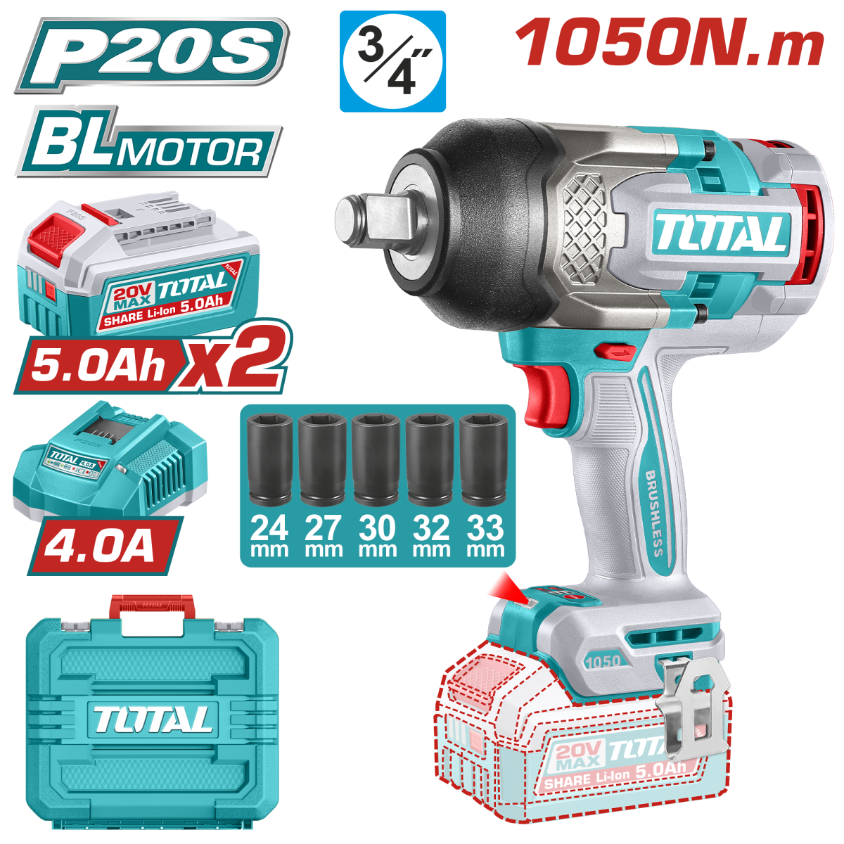 TOTAL - MASINA DE INSURUBAT CU IMPACT CU ACUMULATOR - 20V - 5.0AH - LI-ION (2 ACUMULATORI, 1 INCARCA