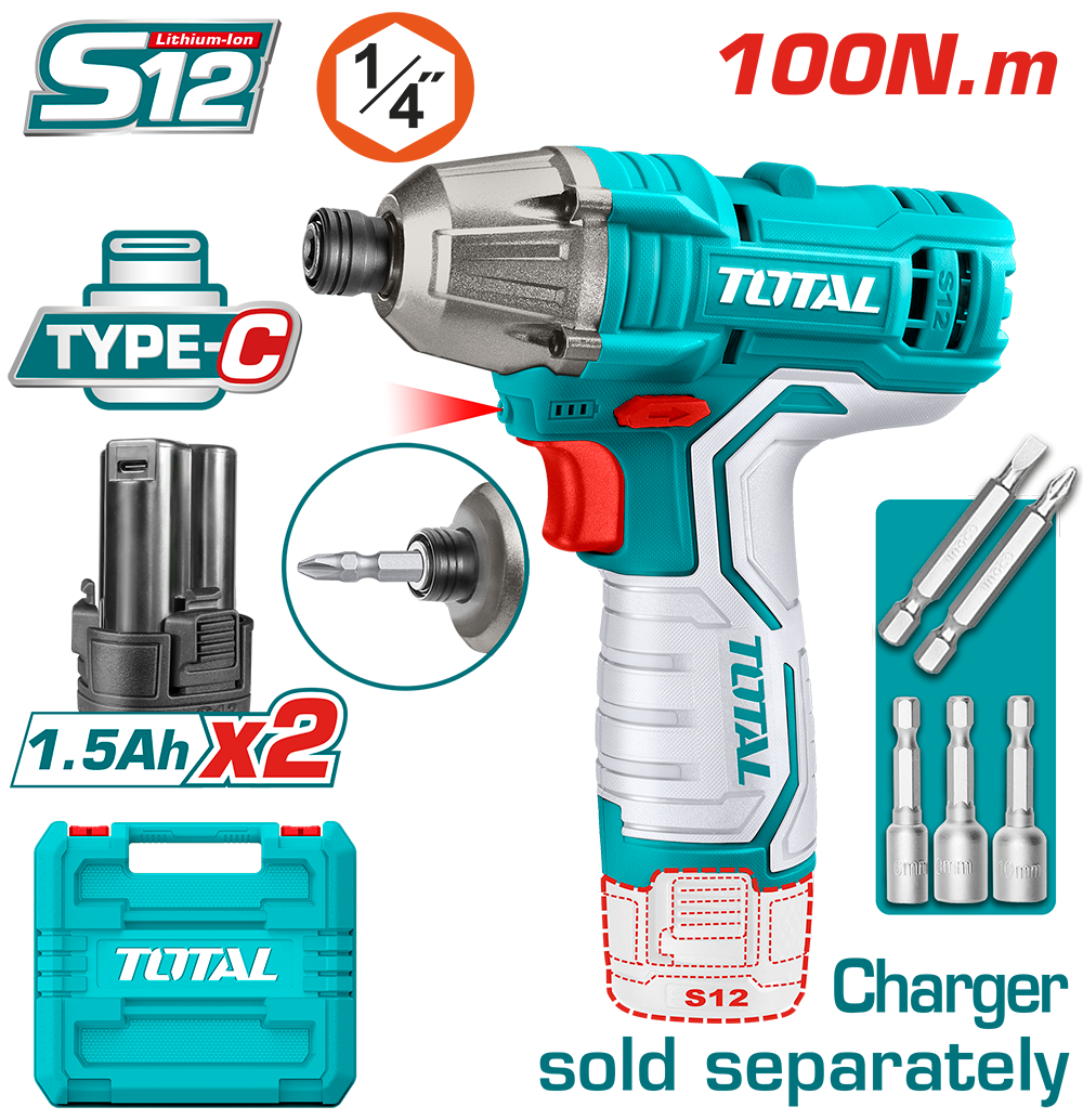 TOTAL - MASINA DE INSURUBAT CU IMPACT SI ACUMULATOR 12V-1.5AH LI-ION (2 ACUMULATORI) -  HEX 1/4