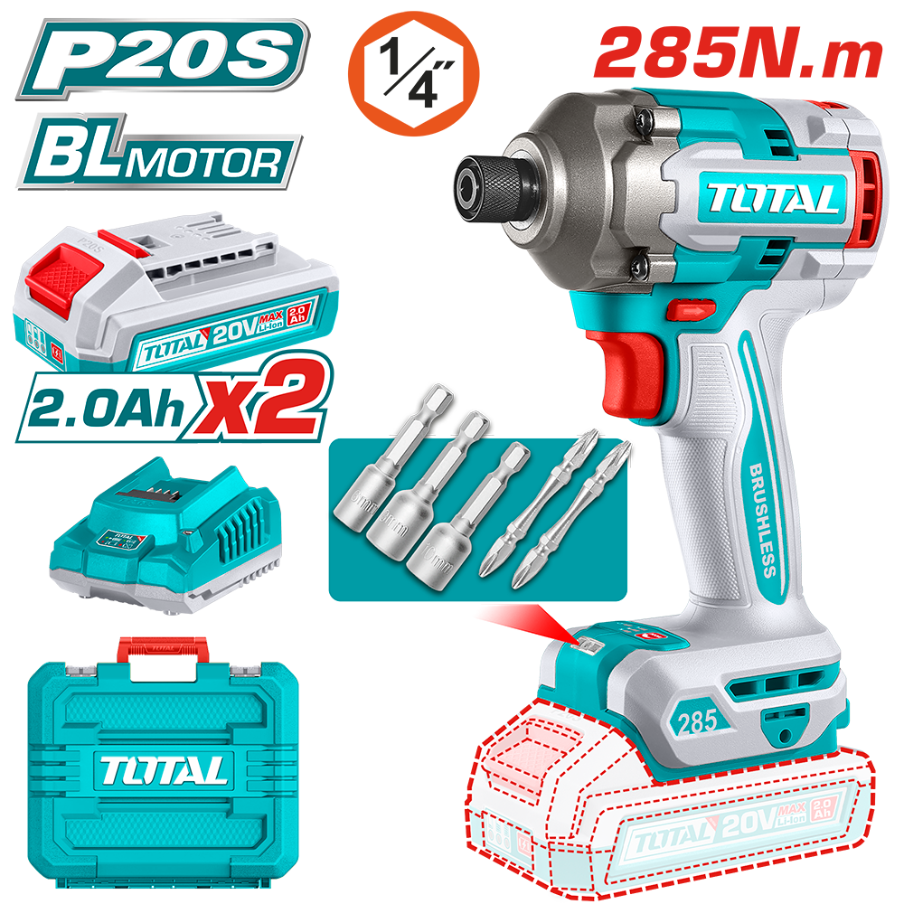 TOTAL - MASINA DE INSURUBAT CU IMPACT CU ACUMULATOR - 20V - 2.0AH - LI-ION (INCLUDE 2 ACUMULATORI, 1