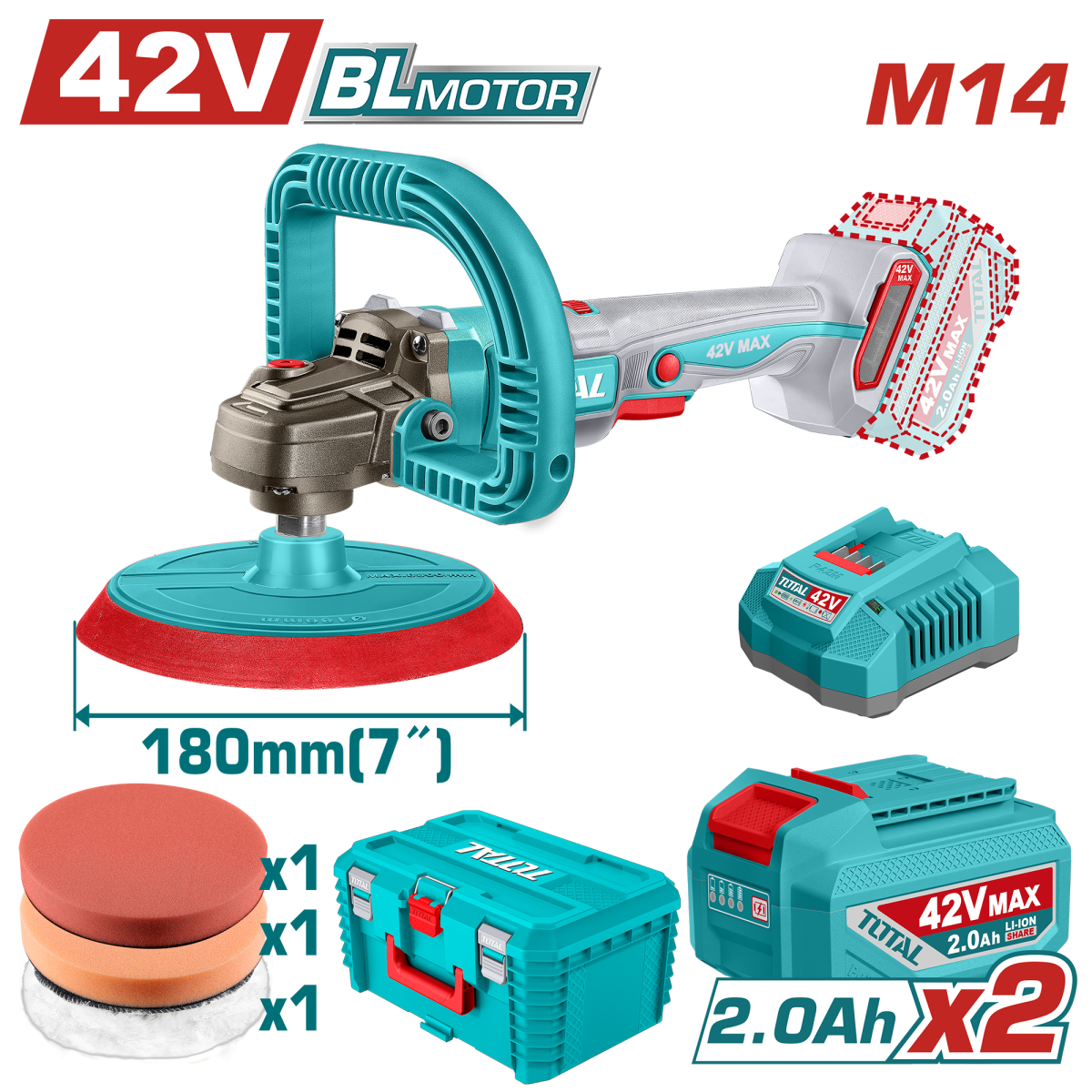 TOTAL - MASINA DE POLISAT - 42V (INCLUDE 2 ACUMULATORI, 1 INCARCATOR)