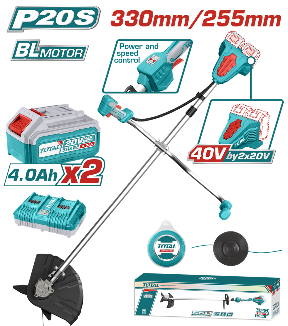 TOTAL - MOTOCOASA SI TRIMMER 40V - LI-ION (INCLUDE 2 ACUMULATORI SI INCARCATOR)