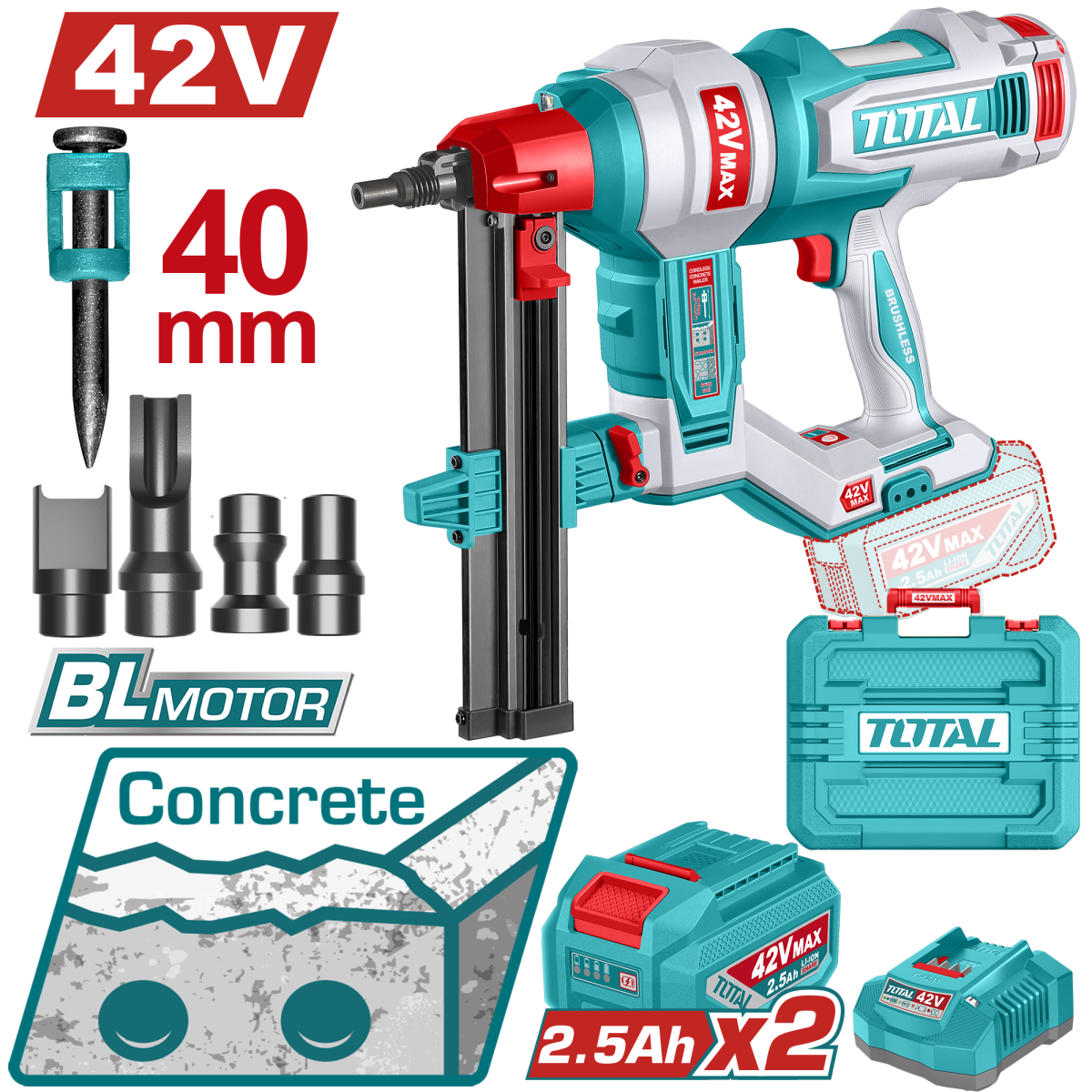 TOTAL - PISTOL CUIE PENTRU BETON - 42V (INCLUDE 2 ACUMULATORI, 1 INCARCATOR)