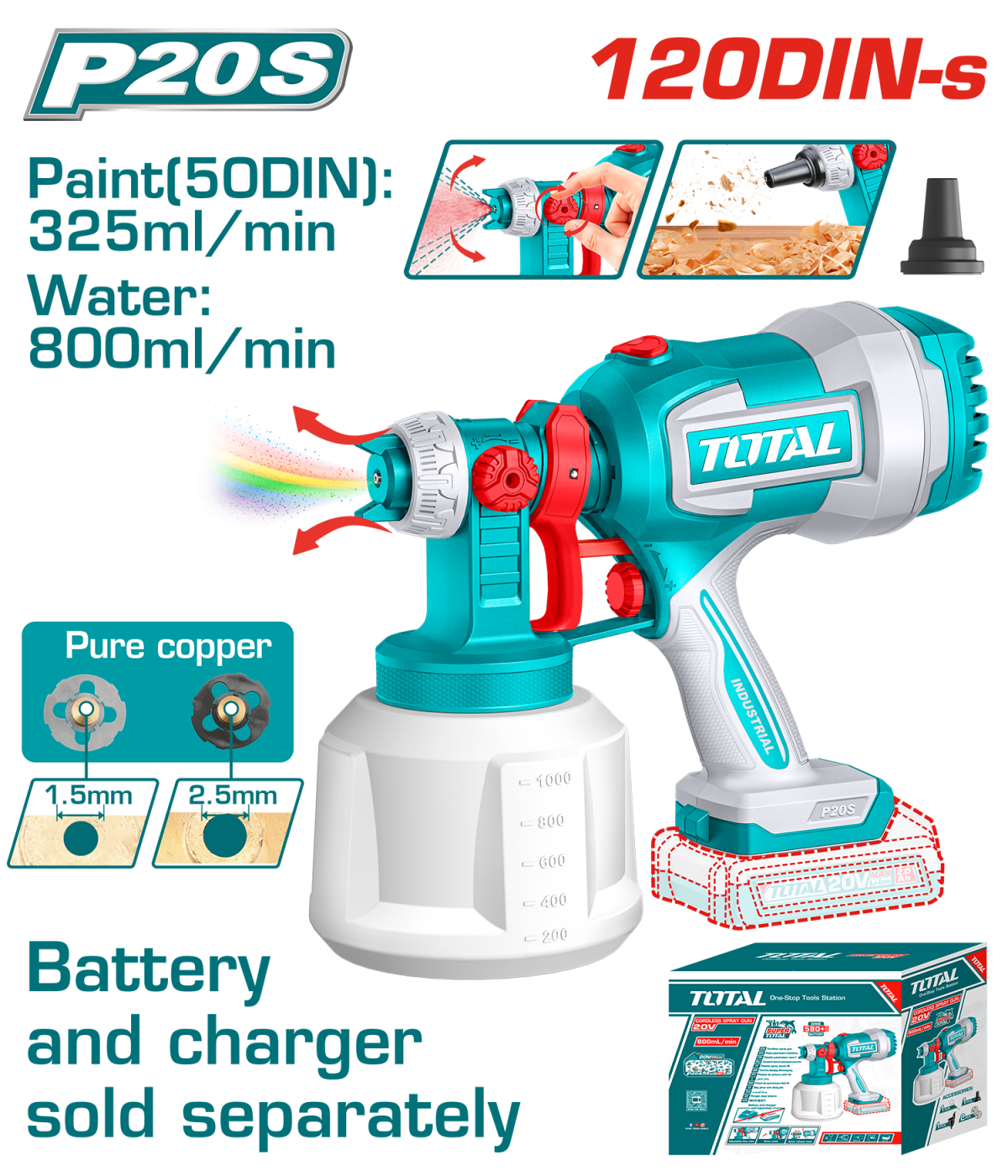 TOTAL - PISTOL DE VOPSIT - 800ML - LI-ION - 20V (NU INCLUDE ACUMULATOR SI INCARCATOR)