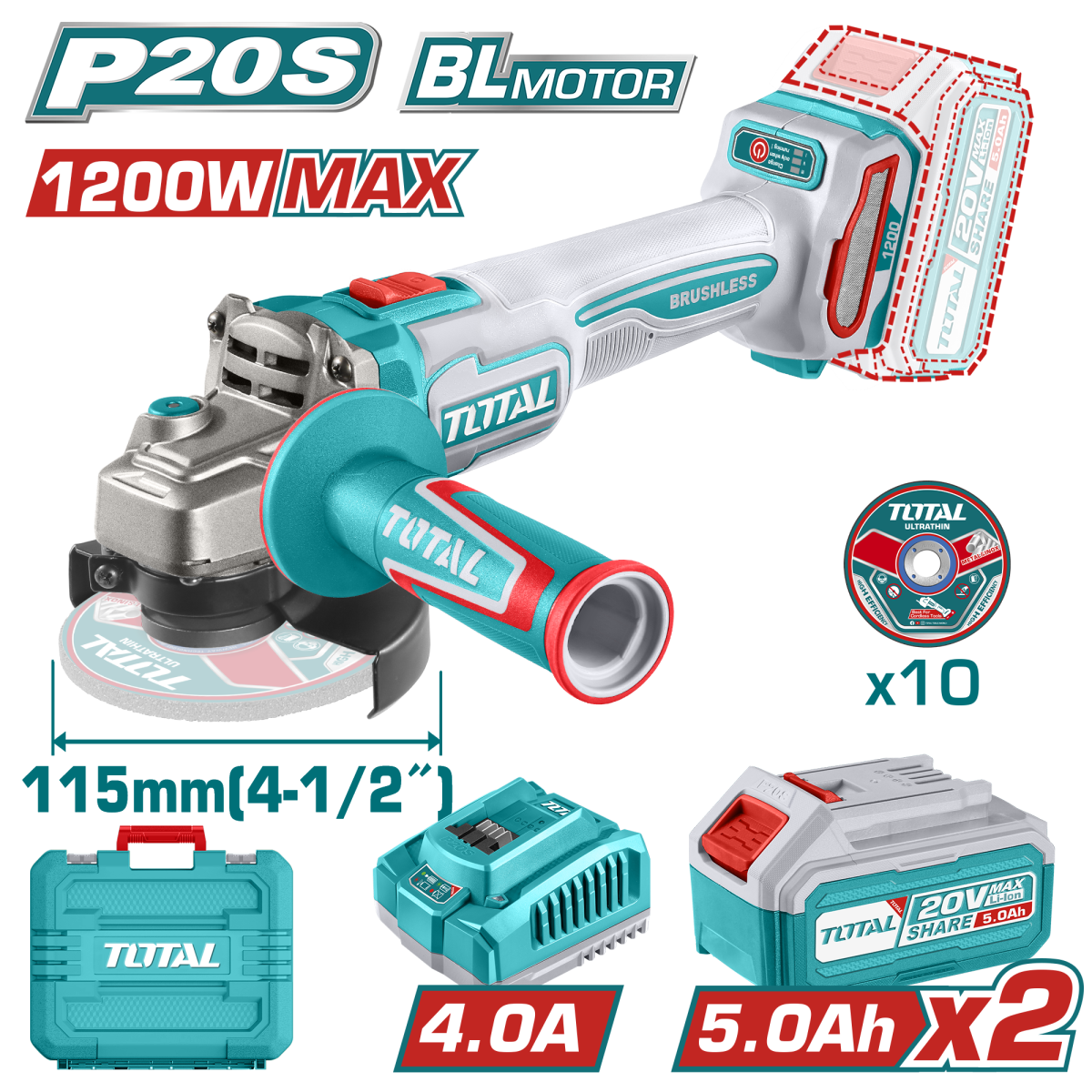 TOTAL - POLIZOR UNGHIULAR - 115MM - 20V - LI-ION (INCLUDE 2 ACUMULATORI SI INCARCATOR)
