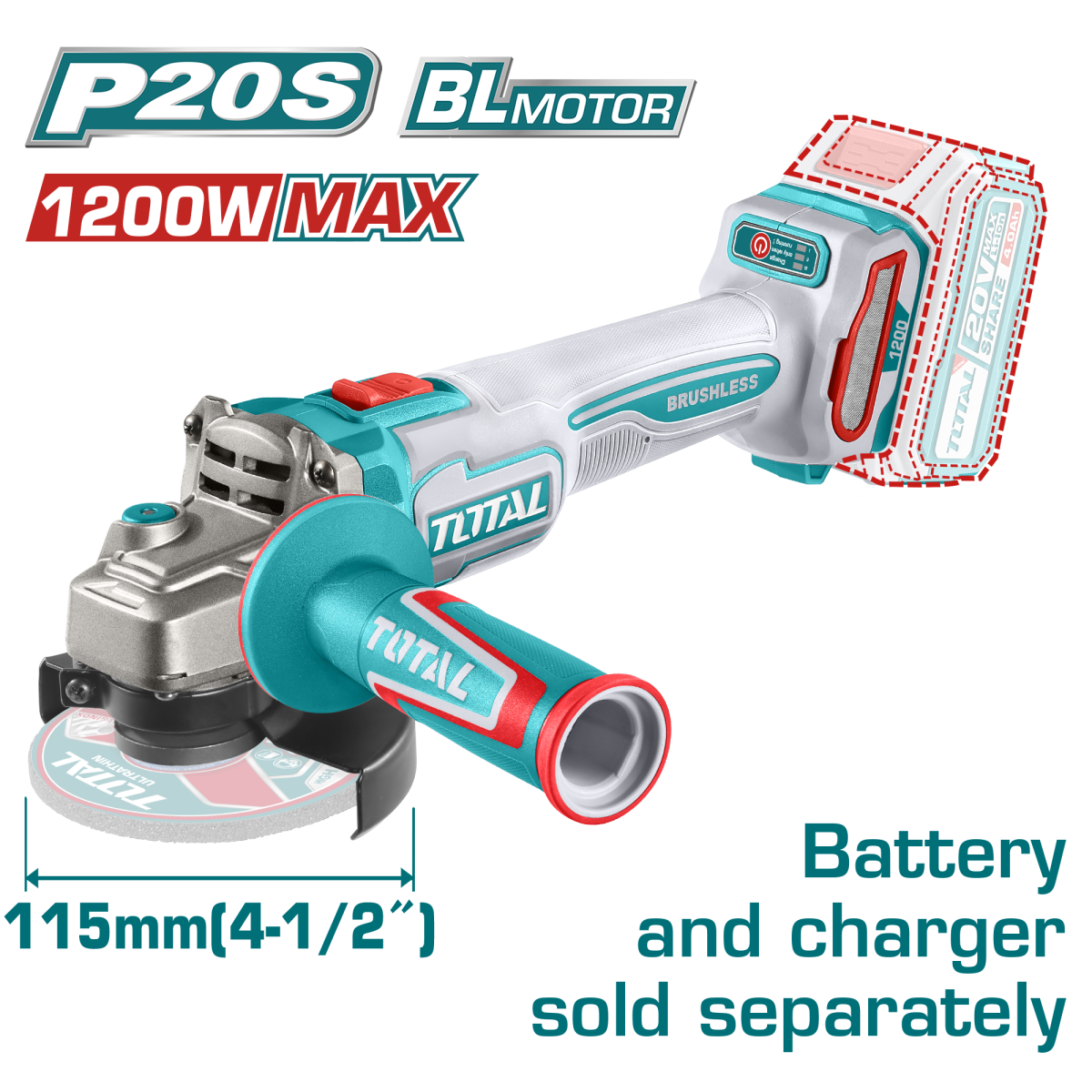 TOTAL - POLIZOR UNGHIULAR - 115MM - 20V - LI-ION  (INDUSTRIAL)