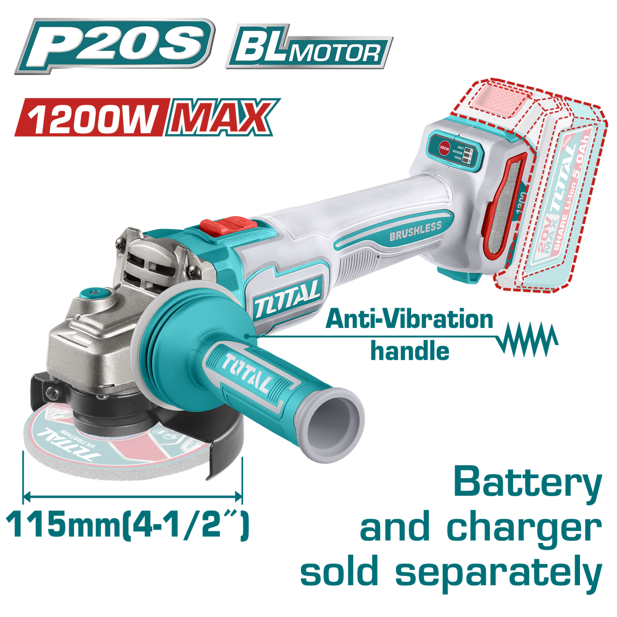 TOTAL - POLIZOR UNGHIULAR - 115MM - 20V - LI-ION  (INDUSTRIAL)